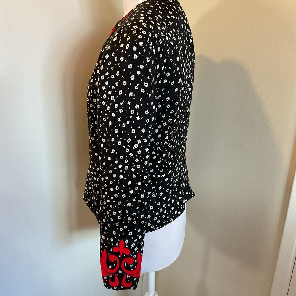 Vintage Julie Francis 100% Silk Blouse 12 Black White Dot Red Embroidered Leaf - Picture 5 of 8